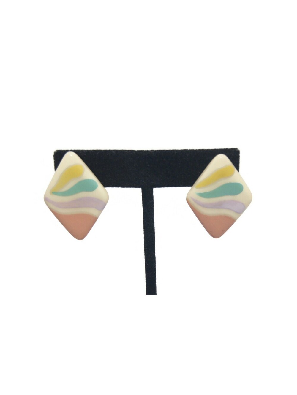 Vintage White with Pastel Stripes Plastic Diamond Shaped Stud Earrings.